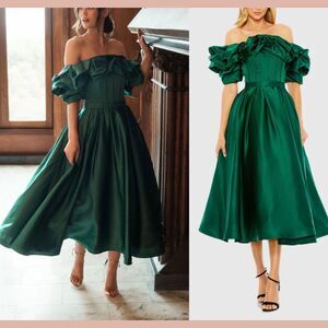 NWT Mac Duggal [ 6 ] 20706‎ Off The Shoulder Tea Length Dress Emerald Green Midi